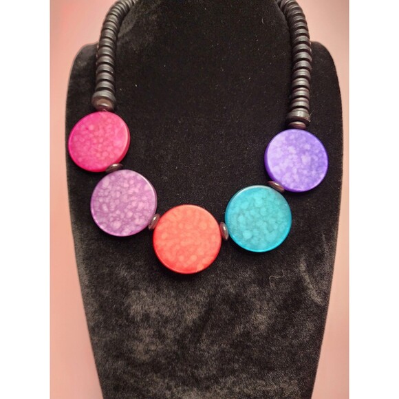 MULTICOLOR DISC BEAD SHORT BARREL CLAP CHOKER NECKLACE  BOHO RETRO COLORFUL 80'S - Picture 2 of 9